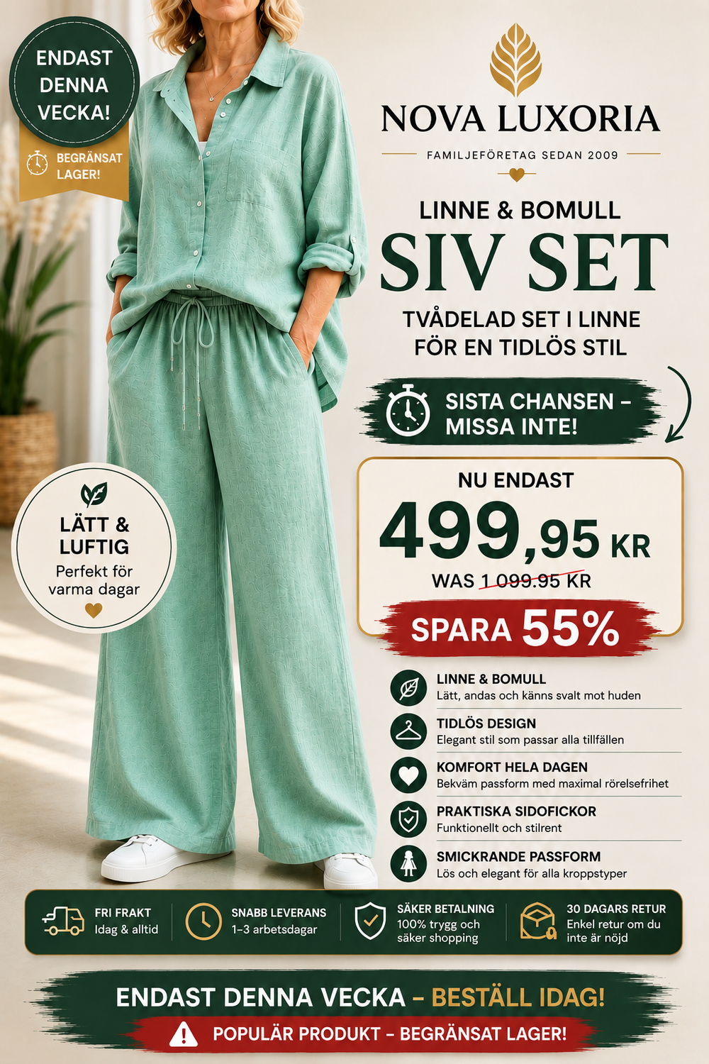Siv™  vintage långärmat set med button-down-blus och lösa raka byxor för kvinnor