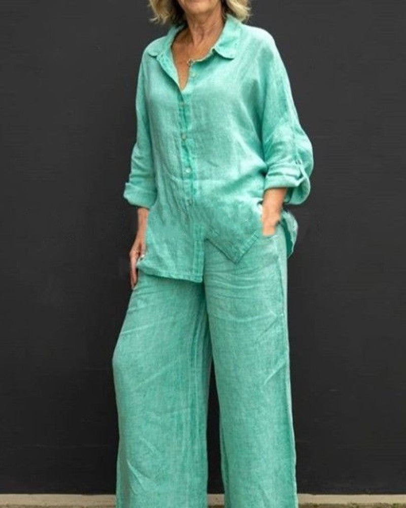 Siv™  vintage långärmat set med button-down-blus och lösa raka byxor för kvinnor