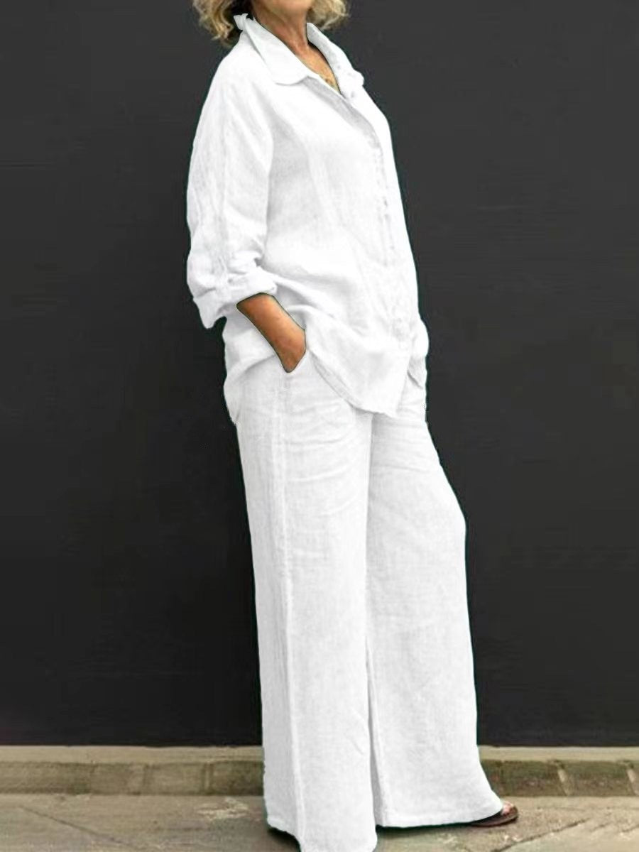 Siv™  vintage långärmat set med button-down-blus och lösa raka byxor för kvinnor