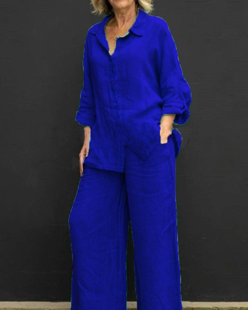 Siv™  vintage långärmat set med button-down-blus och lösa raka byxor för kvinnor