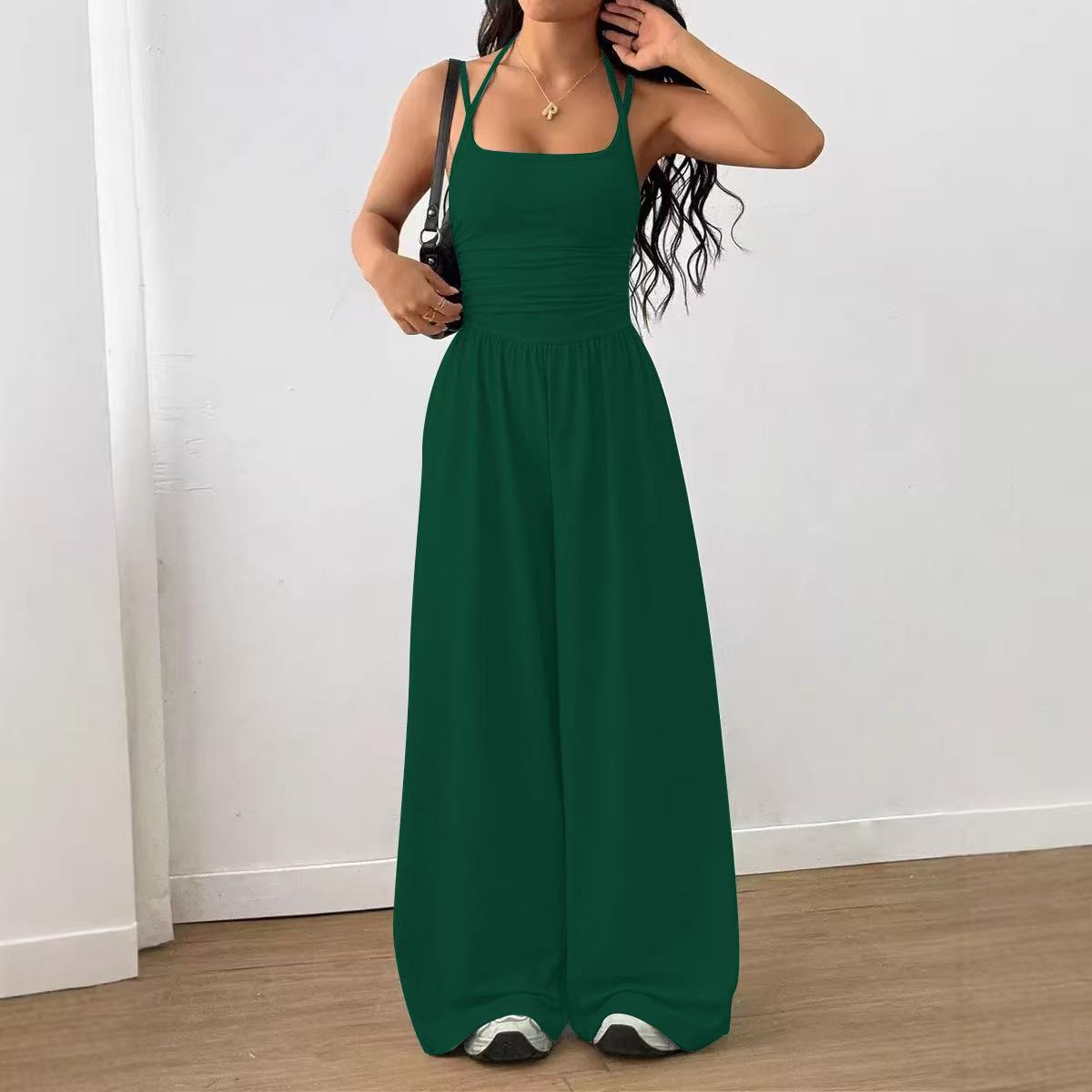 ☀️ Damsommarjumpsuit – Spaghettiband, Rynkad midja, Vida ben, Andningsbar och Figurnära, S–XL