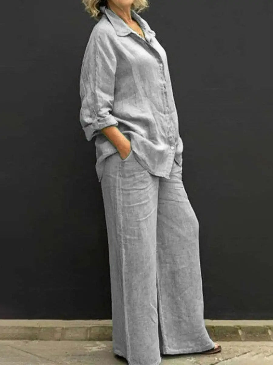 Siv™  vintage långärmat set med button-down-blus och lösa raka byxor för kvinnor