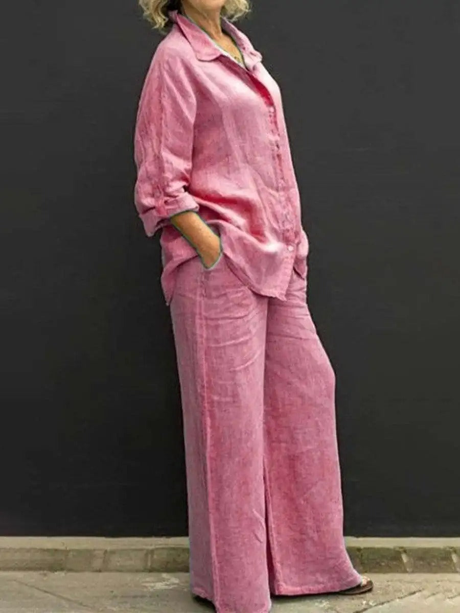 Siv™  vintage långärmat set med button-down-blus och lösa raka byxor för kvinnor