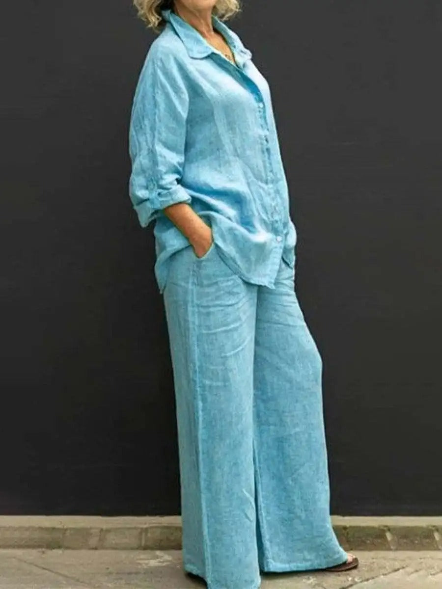 Siv™  vintage långärmat set med button-down-blus och lösa raka byxor för kvinnor
