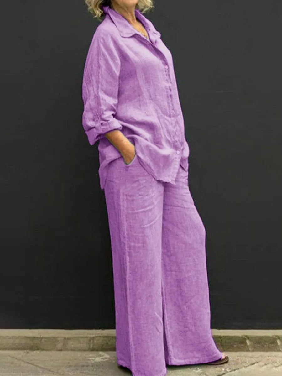 Siv™  vintage långärmat set med button-down-blus och lösa raka byxor för kvinnor