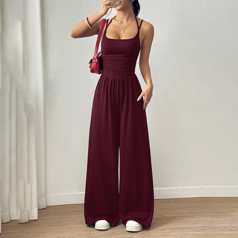 ☀️ Damsommarjumpsuit – Spaghettiband, Rynkad midja, Vida ben, Andningsbar och Figurnära, S–XL