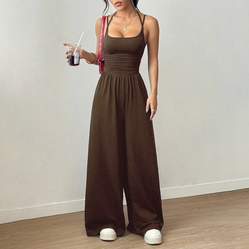 ☀️ Damsommarjumpsuit – Spaghettiband, Rynkad midja, Vida ben, Andningsbar och Figurnära, S–XL