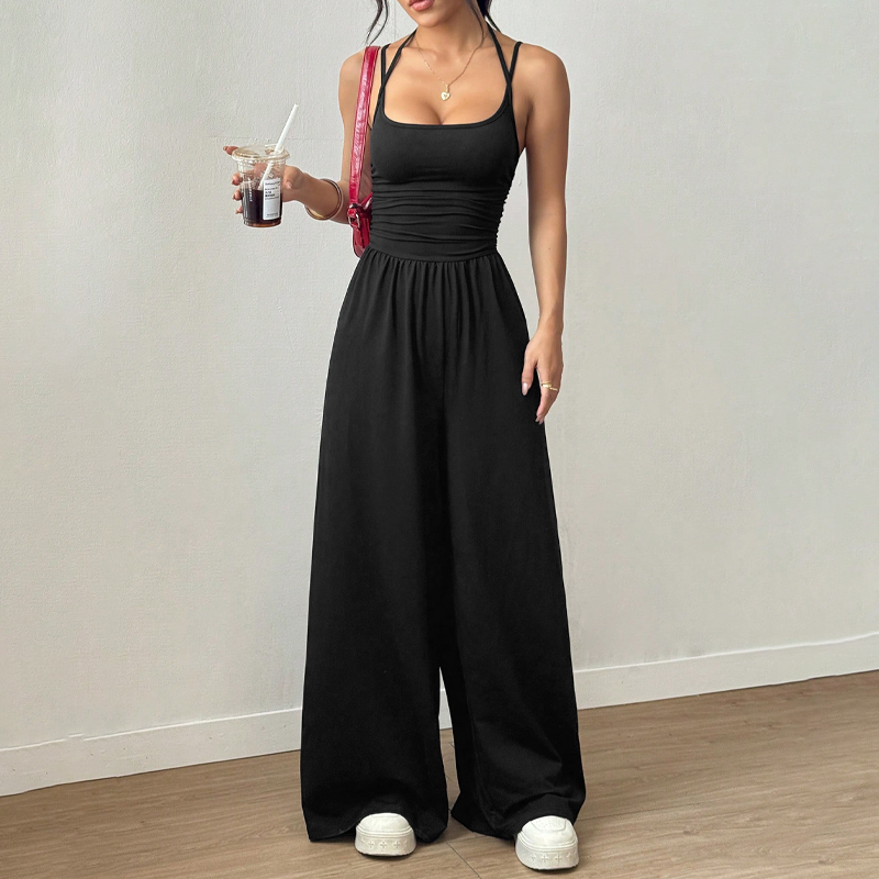 ☀️ Damsommarjumpsuit – Spaghettiband, Rynkad midja, Vida ben, Andningsbar och Figurnära, S–XL